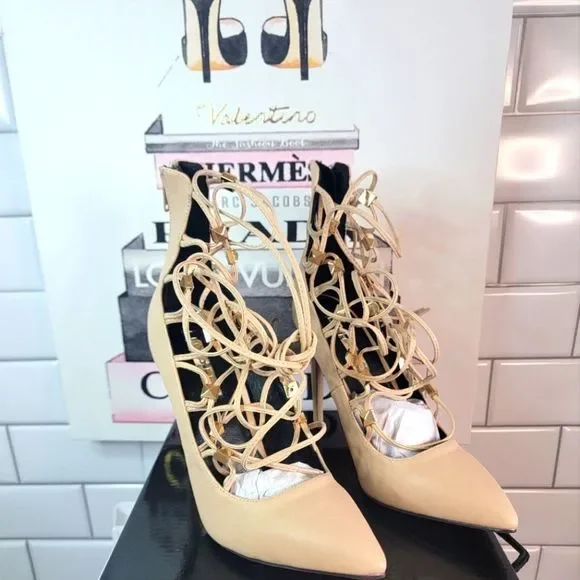 Liliana Lace-Up Heels Cream & Gold - Picture 3 of 5